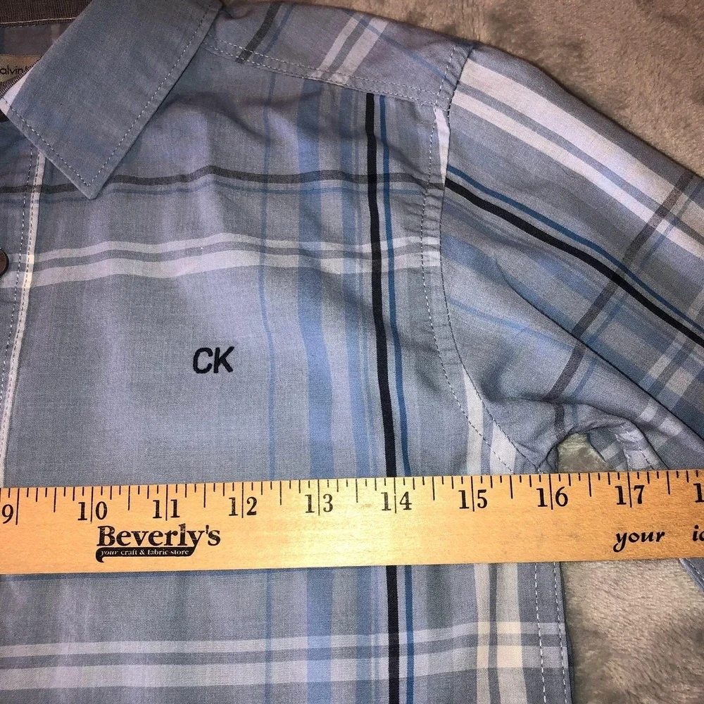 Calvin Klein Jeans Shirt‎ Boys Size 8 Blue Plaid Button Up Long Sleeve CK Logo